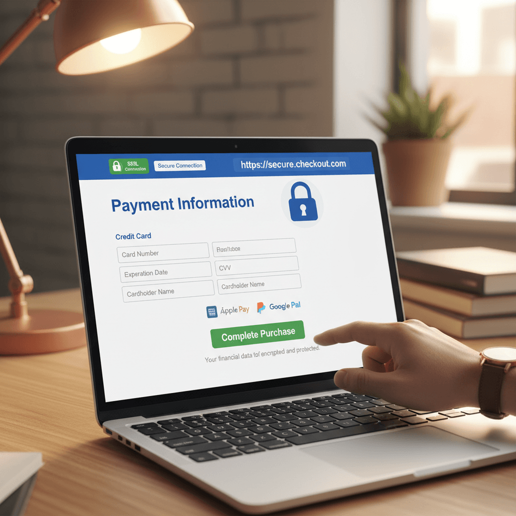 Secure checkout form with encrypted payment options and security badge