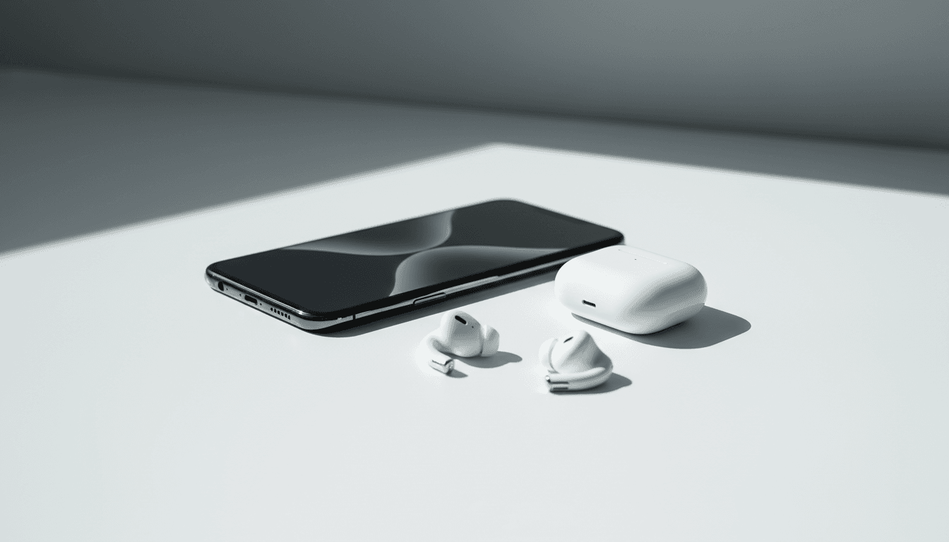 Sleek smartphone and wireless earbuds on a clean white surface