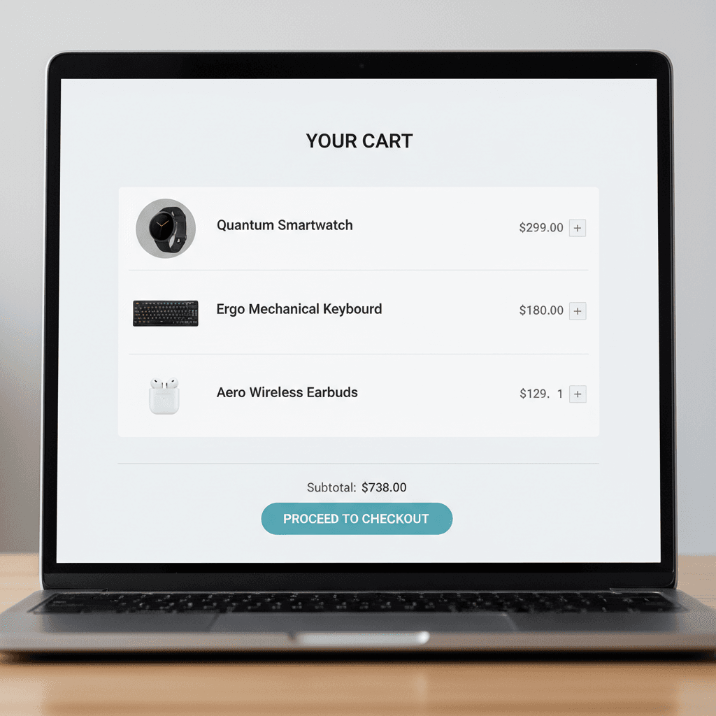 Shopping cart interface showing selected products and checkout button