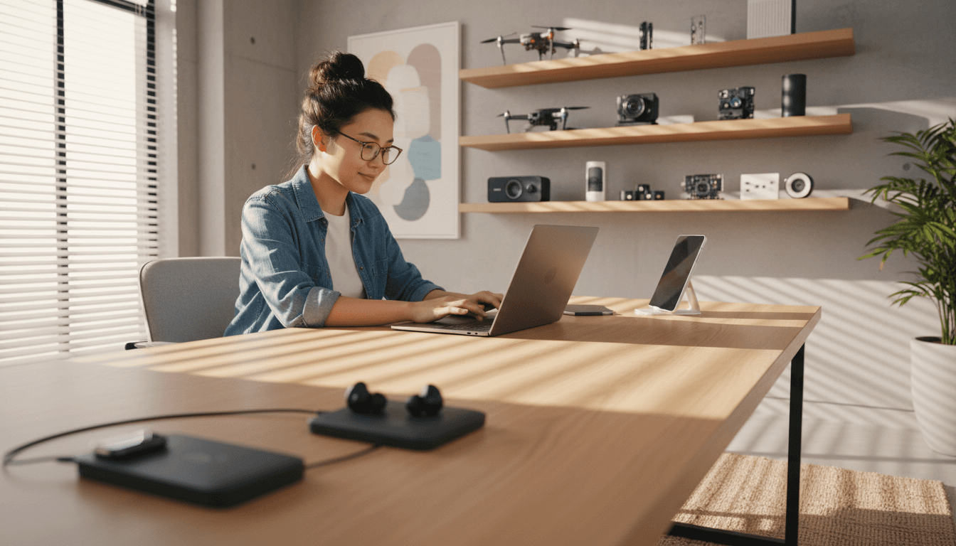Webshop founder at workspace surrounded by tech gadgets
